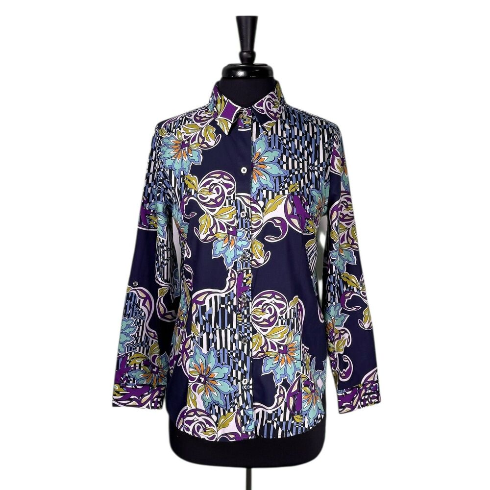 Chico’s No Iron Shirt 0 S/4 Multicolor Floral Baroque Geometric Button Front Top